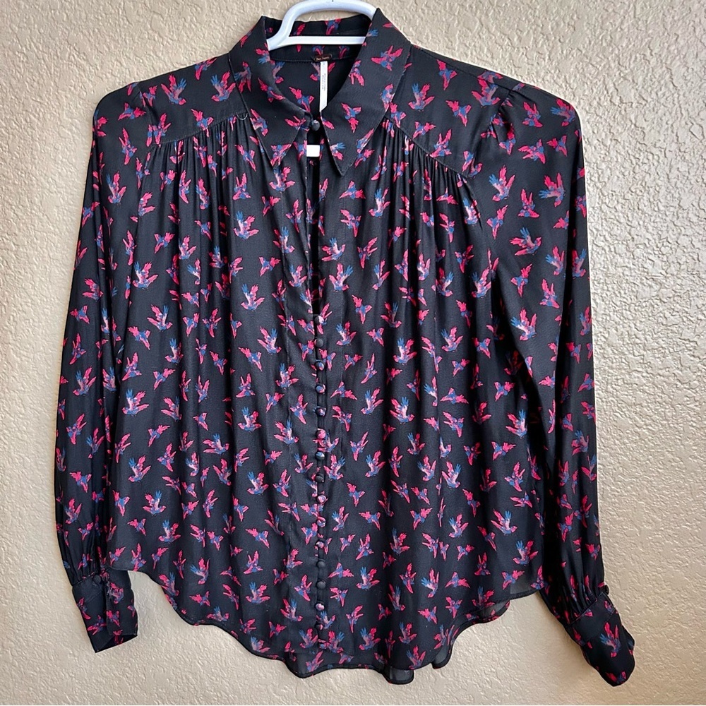 Free People Bird Print Long Sleeve Blouse
